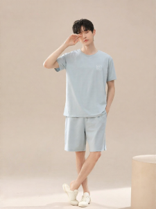 THREEGUN | Three Gun Mens Cotton Sleepwear Short Sleeve Round Neck Loose Comfortable Ultra Soft Home Clothes Summer Dopa Wind Pyjamas