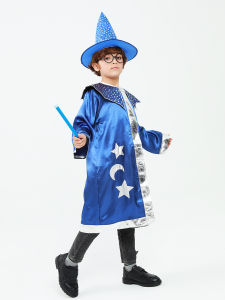 Kids Halloween Magician Costume Blue Robe and Hat sticker glasses Star Moon Magic Wizard Costume Cosplay Role Playing Decoration Clothing