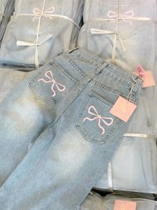 Embroidered Butterfly Knot High Waist Straight Leg Denim Jeans for Women Summer Retro Wide Leg Trousers Floor Length