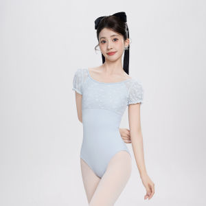 Adult Vintage Floral Lace Splice U-back Dance Leotard Women Puff Sleeve Gymnastics Bodysuit Stretchy Short Sleeve Nylon Swimwear
