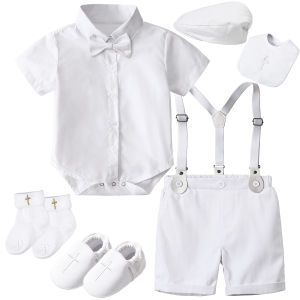 A&J DESIGN Baptismal Outfit for Baby Boy Christening Clothes Infant Birthday Photography Dress 0-24 Months White Binyag Formal Attire Short sleeved Shirt Pants Hat Wedding Ring Bearer Suit