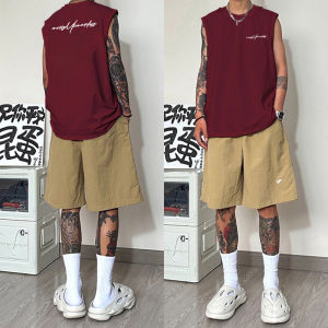 เสื้อกั๊กแขนกุดผ้าฝ้ายทรงหลวมสไตล์อเมริกันสำหรับผู้ชาย ทรงหลวม สไตล์ลำลอง สีพื้น ทรงหลวม คอตั้ง ทรงปกติ