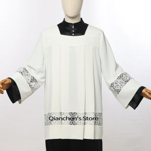 Catholic Priest Surplice Pleated Pulpit Liturgical Cotta Vestment Robe Alb With Lace Square Neckline For Man