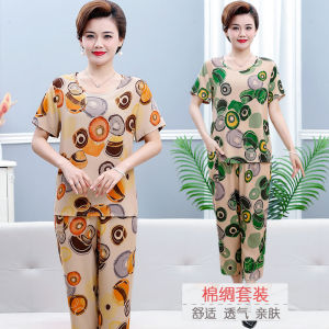 Summer New Cotton Silk Short-Sleeved T-shirt Womens Middle-Aged Mom Rayon Cool Fashion Air Conditioning Clothes Suit Large Size