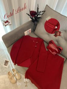 Chen DaYu New Chinese Style Red Knitted Set Dress Buttoned New Years Fashionable Autumn Winter Long Sleeve Womens Outfit