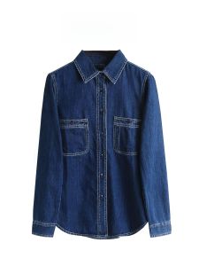 เสื้อเชิ้ตยีนส์สีน้ำเงินเข้มสไตล์ย้อนยุคสำหรับผู้หญิง ฤดูใบไม้ผลิและฤดูใบไม้ร่วง เสื้อเชิ้ตแขนยาวทรงสลิมฟิตสำหรับผู้หญิงไซส์เล็ก