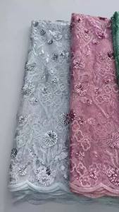 Kalume White Sequined Mesh Tulle Lace Fabric High Quality 5 Yards Embroidered Milk Silk African Lace Fabric Luxury for Women Sew