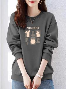 บริสุทธิ์ ผ้าฝ้าย ผ้าขนแกะ เรียงราย หนาขึ้น หลวม ผู้หญิง เสื้อสเว็ตเชิ้ต ลำลอง เสื้อตัวในอ่อนเยาว์ มีสไตล์ แขนยาวคอกลมพิมพ์ลาย