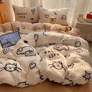 Adorable Cartoon Winter Milk Velvet Bedding Set Cozy Fleece Coverlet Duvet Cover Sheet Set for Dormitory Student Universal