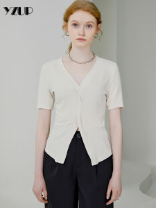 Summer New Knot V-neck Solid Color Short Sleeve T-shirt Womens Small Size Elegant Design Slimming Split Top Korean Style