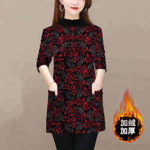 Middle-Aged Mom Mid Length Long Length Velvet Padded Bottoming Shirt T-shirt round Neck Print Younger Outerwear plus Size Top T-shirt Women