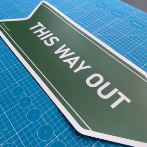 This Way Out. Premium Sticker Sign Notice Signage Left or Right Arrow. Exit Here.Go Outside Direction.