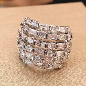 Huitan Nữ Full Shining CZ Nhẫn Cao Cấp Cưới Đính Hôn Dự Tiệc Hình Học Thanh Lịch Thời Trang Phụ Kiện Trang Sức