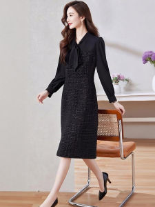 Elegant Plaid Shirt Dress Womens Fashion Miniature Style Vest Fake Two-Piece Autumn Commute Dress V-Neck Long Sleeve H-Shape