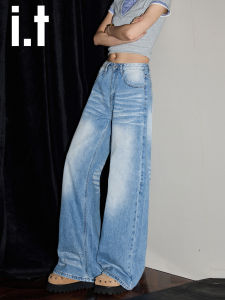 กางเกงยีนส์ทรงตรงขากว้างสีฟ้าอ่อนสไตล์ย้อนยุคสำหรับผู้หญิง กางเกงขายาวทรงหลวมสไตล์อเมริกัน ฤดูใบไม้ร่วง 2025 ฤดูใบไม้ร่วง