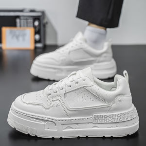 2025 New Mens Low-Top Casual Sport Shoes Leather Surface Thick Bottom Heightening White Shoes for Teenagers And Youth