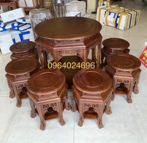 bộ bàn ghế lục lăng mặt tròn gỗ gõ