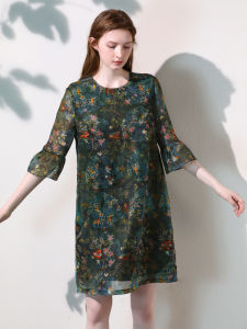Miccbeirn | Elegant Silk Chiffon Print Dress Vintage Chinese Style Straight Cut Womens Dress Midi Skirt Seven Sleeve Length Summer Dress