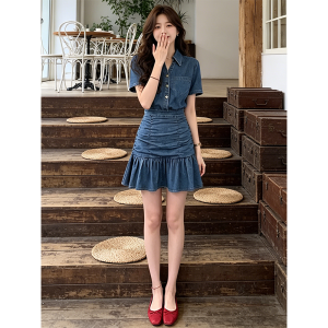 Shalldoer | Fashion V-Neck Waist Cinching Denim Dress