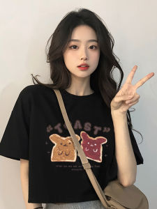 Black Short Sleeve Womens T-shirt Pure Cotton Half Sleeve Summer Slimming Top Korean Style Printed Casual Fashion