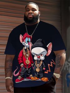 Mens Hip Hop Cartoon Animal Printed Round Neck T-shirt 100% Polyester Fabric Summer Street Top Suitable for Daily Wearing