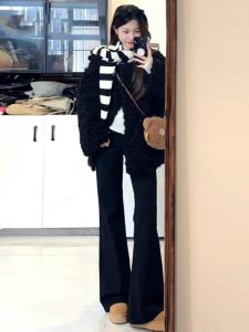 High Waist Fleece Lined Flared Jeans Womens Winter New Small Size Elastic Not Legging Pants Casual Style High Waist Wide Leg Jeans