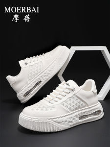 รองเท้าผ้าใบสีขาวสำหรับผู้ชาย ทรงลำลอง สวมใส่สบาย ระบายอากาศได้ดี รองเท้าสเก็ตบอร์ดแบบลำลอง ทรงสูง ทรงสี่เหลี่ยมกลม วัสดุหนัง