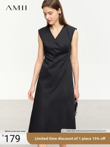 Amii Summer V-neck Waist-cinched Open-front Sleeveless Padded Shoulder Midi Dress Womens A-line Black Dress French Style