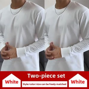 Mens Cotton Long-Sleeve T-shirt round Neck Pure White Silm Base Shirt Mens Spring and Autumn Wear Easiest for Match Sports T-shirt Tops