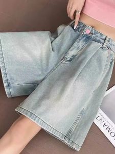 Light Wash Denim Shorts Womens Summer Thin High Waist Loose Slimming Hip Covering A-Line Small Size Wide Leg Five-Quarter Pants