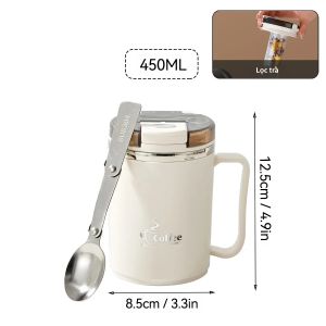 WORTHBUY | Cốc Cà Phê Du Lịch Bằng Thép Không Gỉ 304 Có Tay Cầm Nắp Đậy Và Bộ Lọc Trà - Bình Giữ Nhiệt Cách Nhiệt Kèm Thìa Gấp Dùng Để Uống Nước