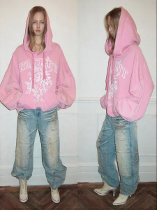 1JINN STUDIO | American Style Rose Print Hooded Sweatshirt Loose Oversized