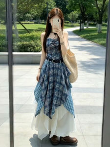 NIUVIES | Small Size Blue Check Dress For Travel