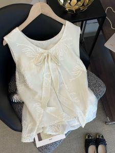 French Elegant Embroidered Sleeveless Vest Womens Summer New Style Slimming Chiffon Top Belted Versatile Commute Style round Neck