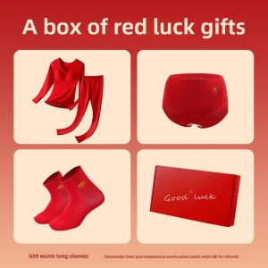 Warmth Innerwear Set SNOW FLYING Red Fortuitous Year Wedding Exclusive Womens No-Need Bra Long Sleeve V-Neck Long Pants