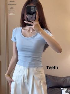 Blue Cotton Short Sleeve T-Shirt Womens Summer Korean Style Simple Match Slim Low round Neck Shoulder Appropriate Short Top