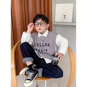 Boys Knitted Vest Elastic Sleeveless Woolen Sweater Baby Childrens Cardigan Thermal Wear Casual Style Spring Autumn Season