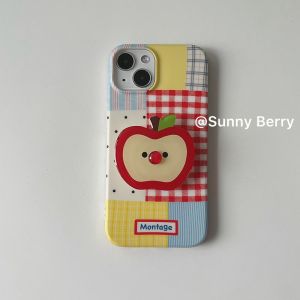 Cute Patchwork Polka Dot Stripe Red Apple Stand Compatible with Apple 16Pro iPhone 15Promax/14Pro/12/13 Protective Case Shockproof