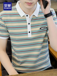 Lormen Mens Stripe Short Sleeve Polo Shirt Summer Thin Pure Cotton with Collar T-Shirt Business Casual Ice Silk Clothes