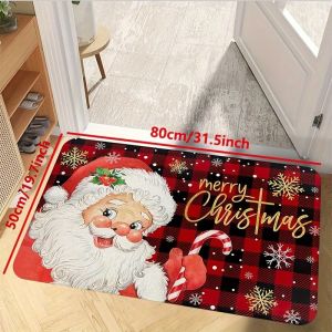 VIKAMA Christmas Kitchen Mat Santa Claus Red Black Checkered Non Slip Absorbent Rug Washable Entryway Doormat Holiday Home Decor