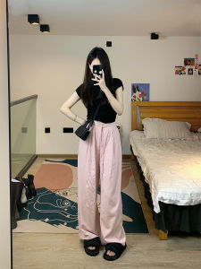 Pink High Waist Wide Leg Pants Womens Summer Loose Fit Casual Versatile Floor Length Trousers Korean Style Commute Pants