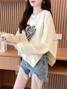 เสื้อสเวตเตอร์คอกลมแขนยาวผ้าฝ้ายแท้ทรงหลวมสไตล์เกาหลีสำหรับผู้หญิง ฤดูใบไม้ผลิและฤดูใบไม้ร่วง เสื้อตัวบนทรงสั้นแบบลำลอง