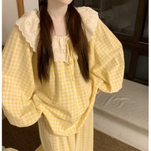 Korean Style Cute Long Sleeve Pure Cotton Sleepwear Womens Autumn Home Clothes Non-Cotton Sweet Lace Plaid 25 New Model