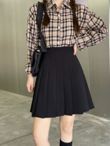 Black A-Line Mini Skirt Womens Autumn Winter Mid-Length Pleated Skirt Elastic Waist Anti-Light Half Body Skirt Pants