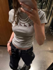 Jennie Sausage Print Short Sleeve T-Shirt Slim Fit Versatile Fun Pearl Necklace Top Cotton Retro Commute Creative Animal Pattern