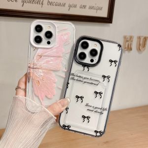 CrashStar 3 In 1 Fashion Butterfly Transparent Shockproof Phone Case With Card Slot Card Holder For iPhone 15 14 Pro Max Plus 13 12 11 Pro Max XR X XS Max 8 7 Plus + SE 2020 Clear Silicone Phone Casing Dreamy Anti-fall Phone Cover Shell