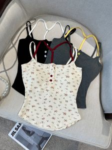 GUZILIAN | Sweet Peony Floral Print Short Womens Camisole Vest Summer Outdoor Wear With Chest Pad Slim Fit Base Shirt Fresh Style