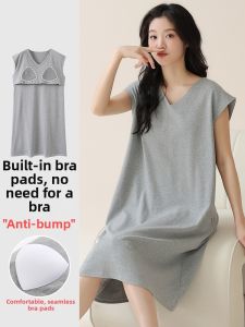 Fenteng Care Pure Cotton Sleeveless Vest Dress Womens Mid-Length Sleepwear with Chest Pad Can Be Worn outside V-Neck Solid Color