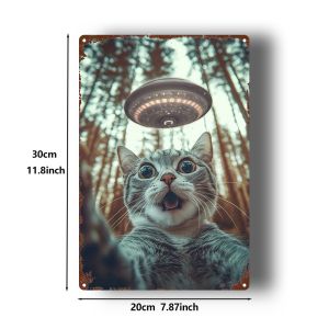 2D 1PC Vintage Cat UFO Metal Wall Art Sign 8x12 Inch
