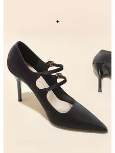 รองเท้าส้นสูง Mary Janes ทรงหัวแหลมแบบเซ็กซี่สำหรับผู้หญิง สีดำ ฤดูใบไม้ร่วง/ฤดูหนาว รองเท้าลำลองแบบสวมสบาย ส้นบาง หนัง PU รองเท้าทำงาน